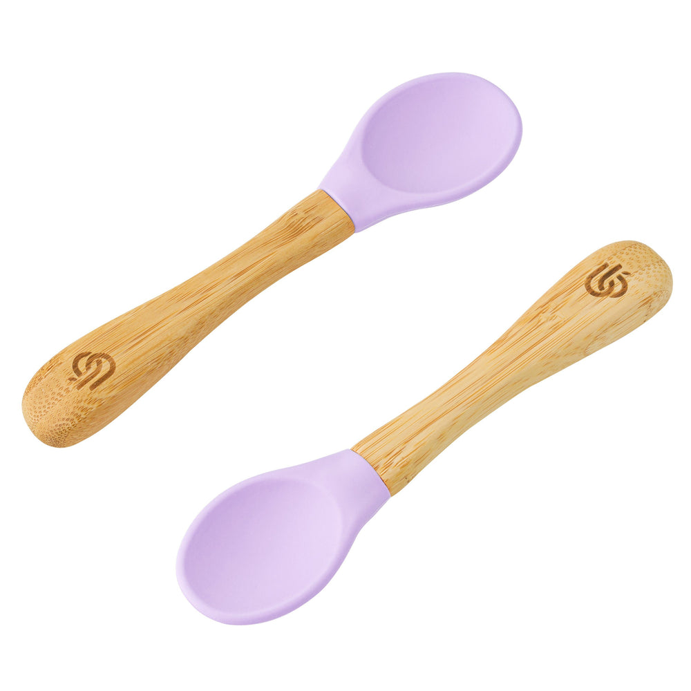 2 pack bamboo weaning spoons for babies and toddler, with ergonomic grip handles and removable silicone tips | Lilac Colour