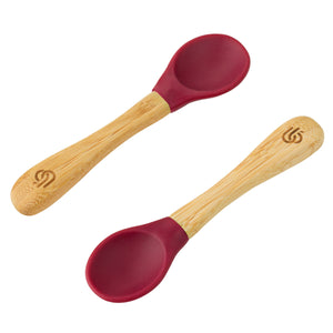 2 pack bamboo weaning spoons for babies and toddler, with ergonomic grip handles and removable silicone tips | Cherry Colour