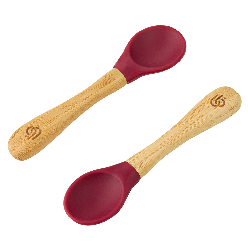 2 pack bamboo weaning spoons for babies and toddler, with ergonomic grip handles and removable silicone tips | Cherry Colour