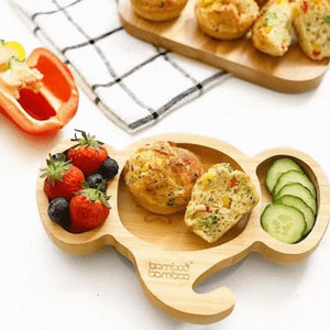 Bamboo baby and toddler suction plate for weaning and feeding, Elephant shape, Cheesy bread and fruits