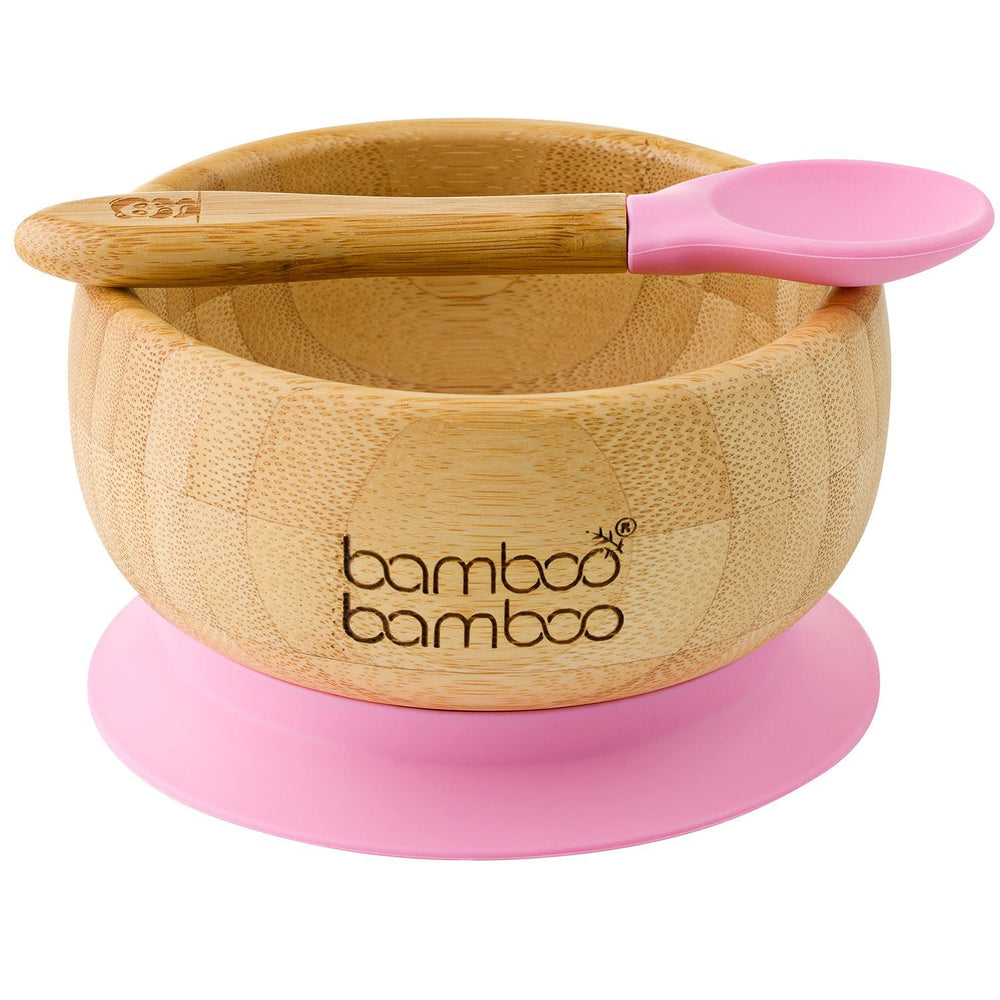Bamboo baby and toddler weaning suction bowl set with spoon, with silicone grip, BPA and Toxin Free, Pink