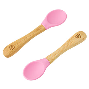2 pack bamboo weaning spoons for babies and toddler, with ergonomic grip handles and removable silicone tips | Pink Colour