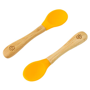 2 pack bamboo weaning spoons for babies and toddler, with ergonomic grip handles and removable silicone tips | Yellow Colour